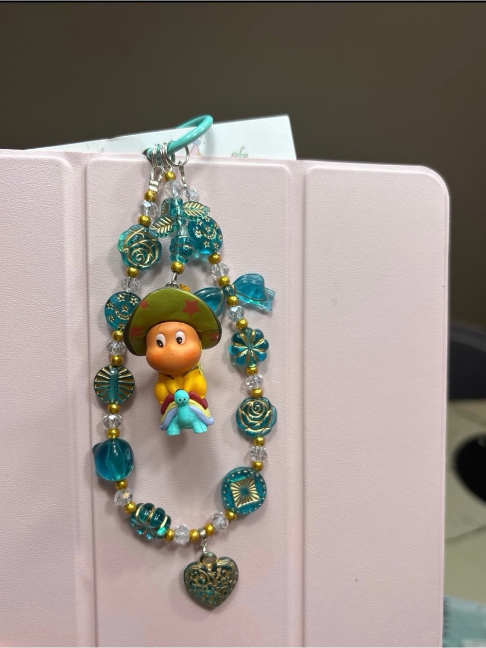 Teal Beaded Character Charm Keychain with Gold Accents